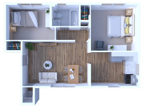 Floor plan for 2 beds, 1 bath, 725 sqft